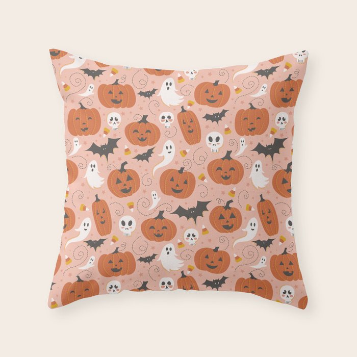 Pumpkin Party on Blush Pink Throw Pillow Gallery Image 1