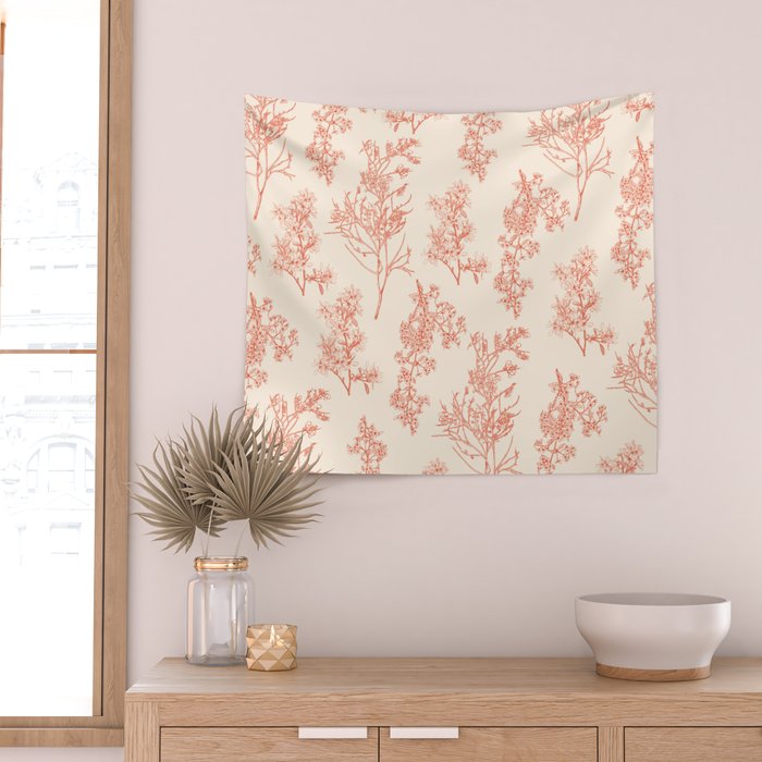 Botanical Cottage Floral Pattern in Orange and Cream Wall Tapestry Gallery Image 2