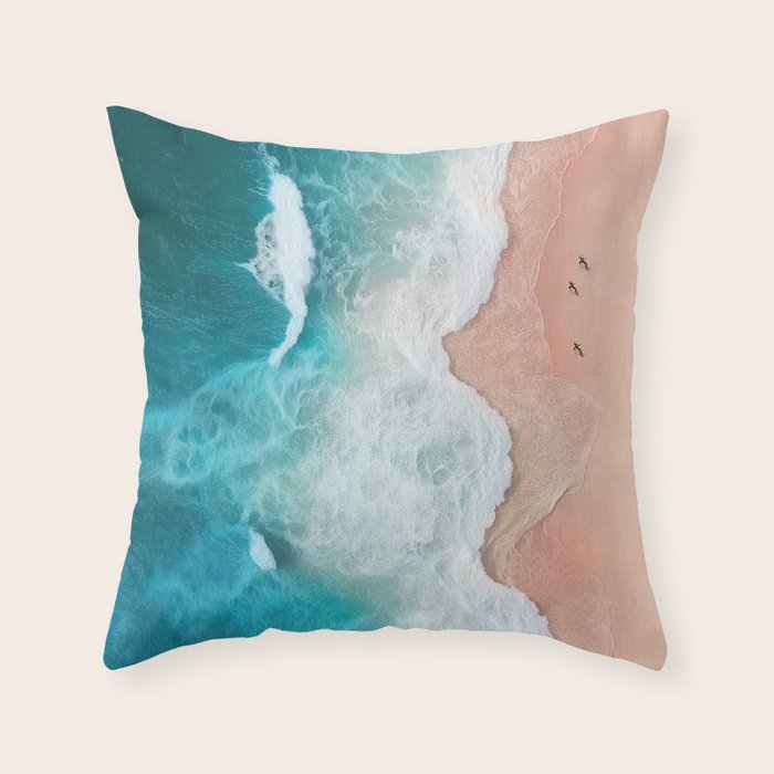 Peach Sand and Blue Sea - Coastal Aerial Photography Throw Pillow Gallery Image 1