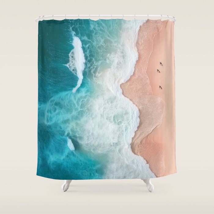 Peach Sand and Blue Sea - Coastal Aerial Photography Shower Curtain Gallery Image 1