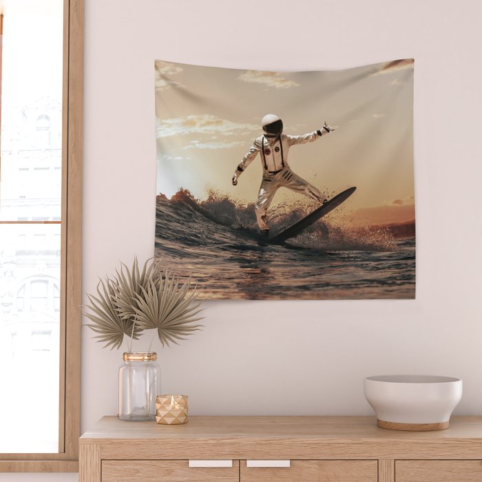 Space Surfer - Futuristic Surf Photo Art Print - Astronaut Riding a Wave Wall Tapestry Gallery Image 2