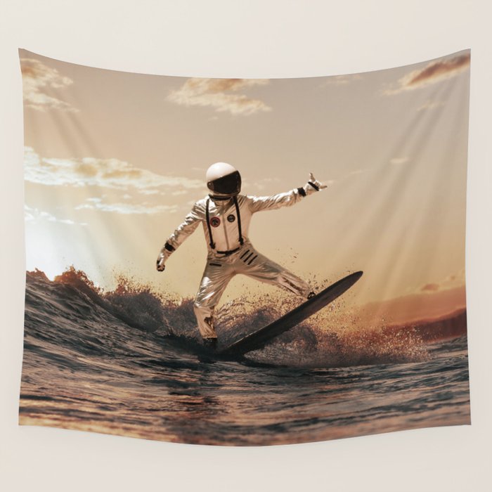 Space Surfer - Futuristic Surf Photo Art Print - Astronaut Riding a Wave Wall Tapestry Gallery Image 4