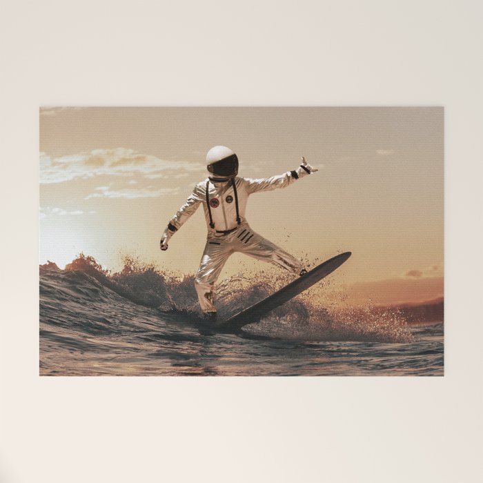 Space Surfer - Futuristic Surf Photo Art Print - Astronaut Riding a Wave Welcome Mat Gallery Image 1