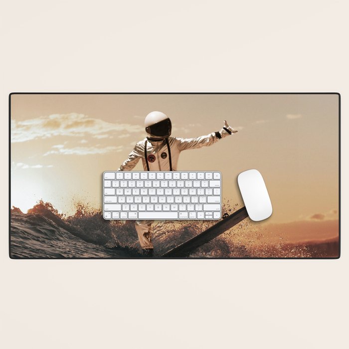 Space Surfer - Futuristic Surf Photo Art Print - Astronaut Riding a Wave Desk Mat Gallery Image 1
