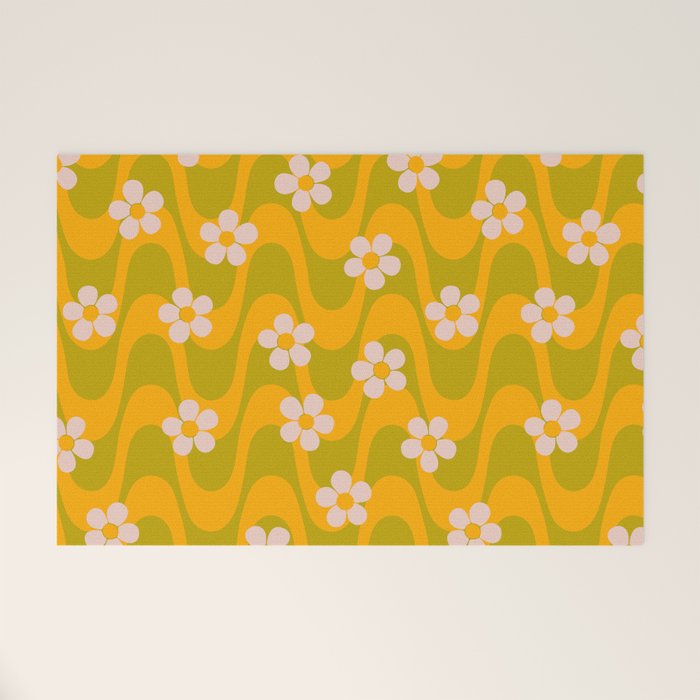Groovy Yellow Green Flower Power Welcome Mat Gallery Image 1