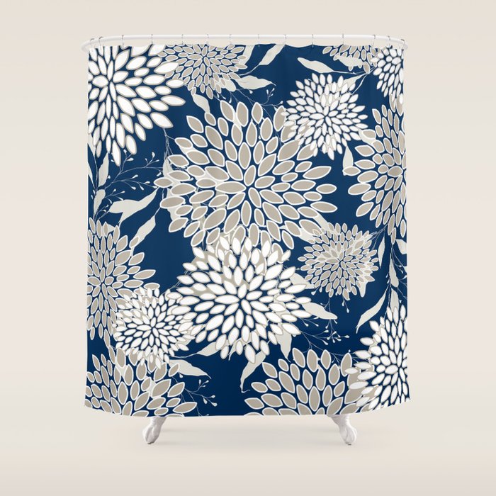Leaves and Blooms, Blue and Gray Shower Curtain Gallery Image 1