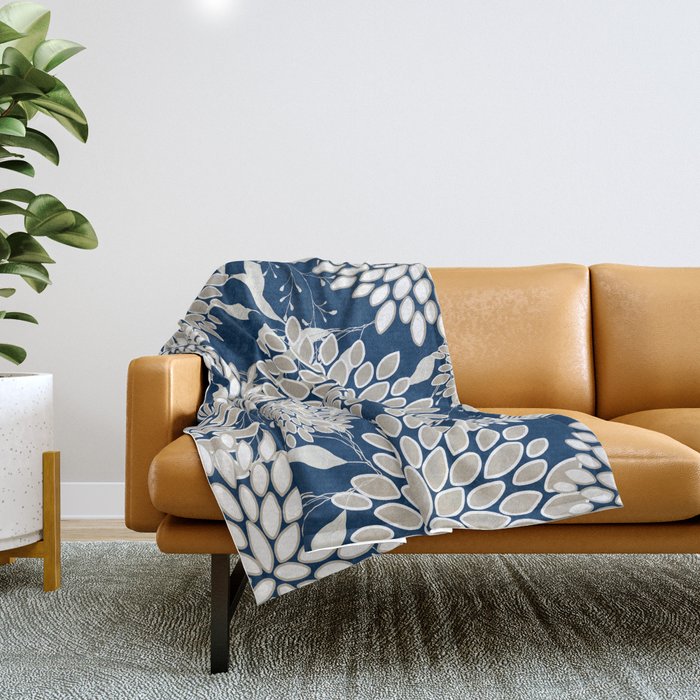 Leaves and Blooms, Blue and Gray Throw Blanket Gallery Image 1