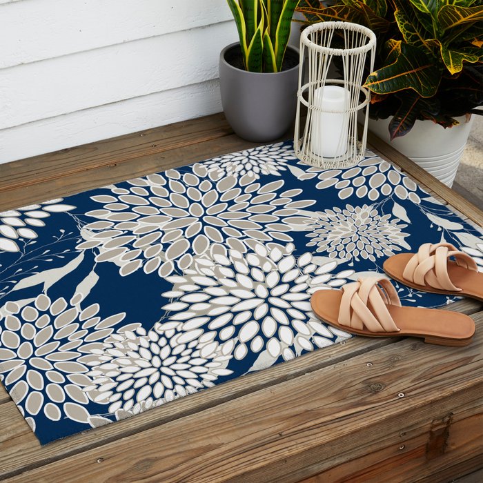 Leaves and Blooms, Blue and Gray Outdoor Rug Gallery Image 2