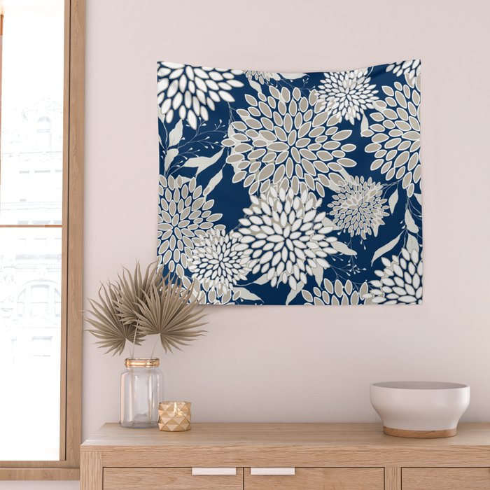 Leaves and Blooms, Blue and Gray Wall Tapestry Gallery Image 2
