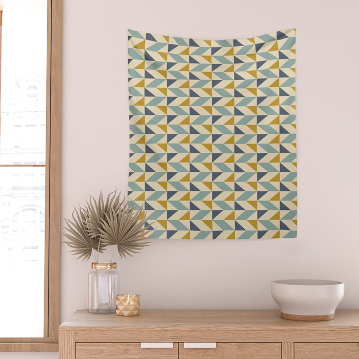 Retro Geometric Triangles in Gold and Blue Wall Tapestry Gallery Image 2
