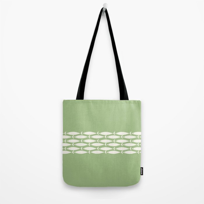 Fish Stripe Minimalist Mid-Century Pattern in Light Sage Green and Cream Tote Bag Gallery Image 2