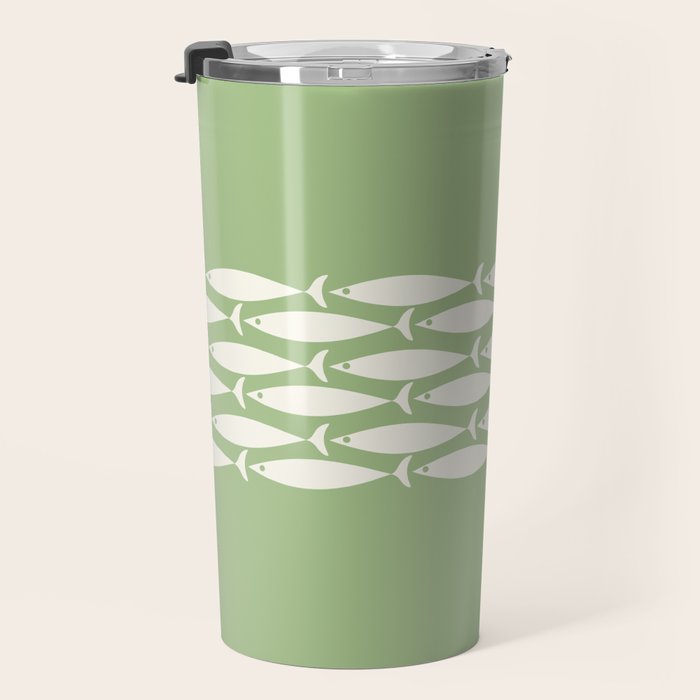 Fish Stripe Minimalist Mid-Century Pattern in Light Sage Green and Cream Travel Mug Gallery Image 3