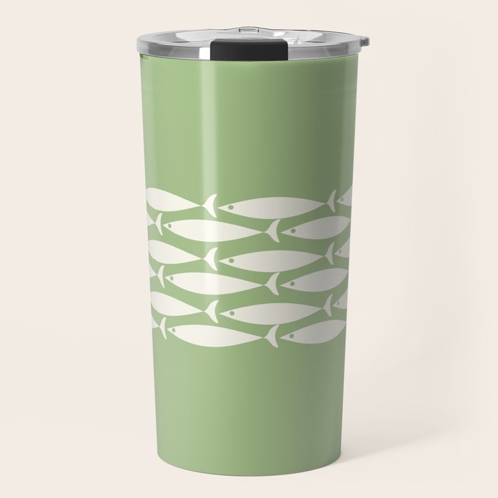 Fish Stripe Minimalist Mid-Century Pattern in Light Sage Green and Cream Travel Mug Gallery Image 1