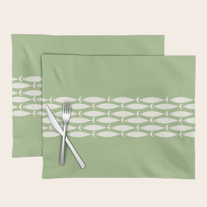 Fish Stripe Minimalist Mid-Century Pattern in Light Sage Green and Cream Placemat Gallery Image 1
