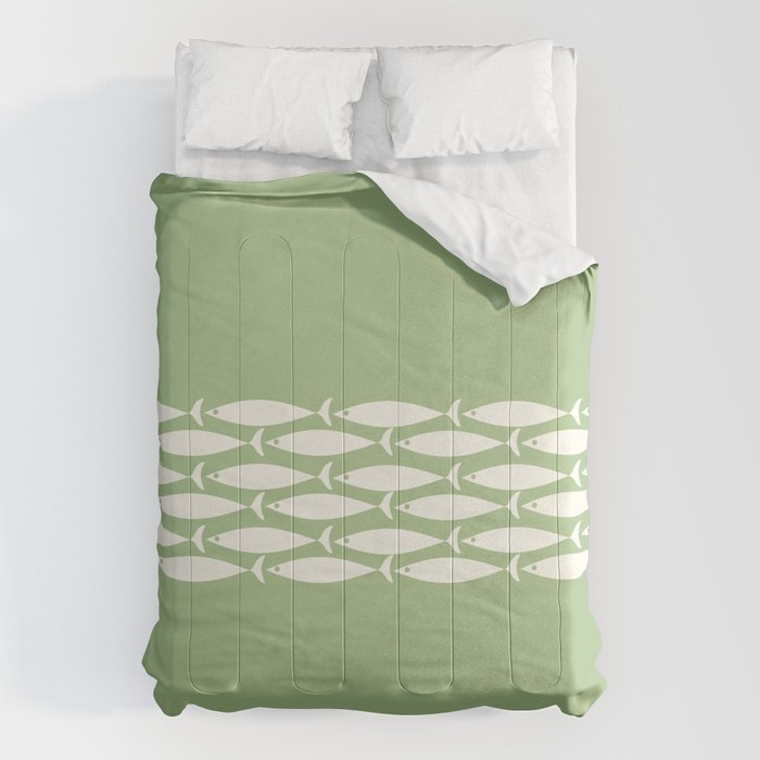 Fish Stripe Minimalist Mid-Century Pattern in Light Sage Green and Cream Comforter Gallery Image 6