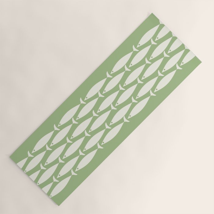 Fish Stripe Minimalist Mid-Century Pattern in Light Sage Green and Cream Yoga Mat Gallery Image 1