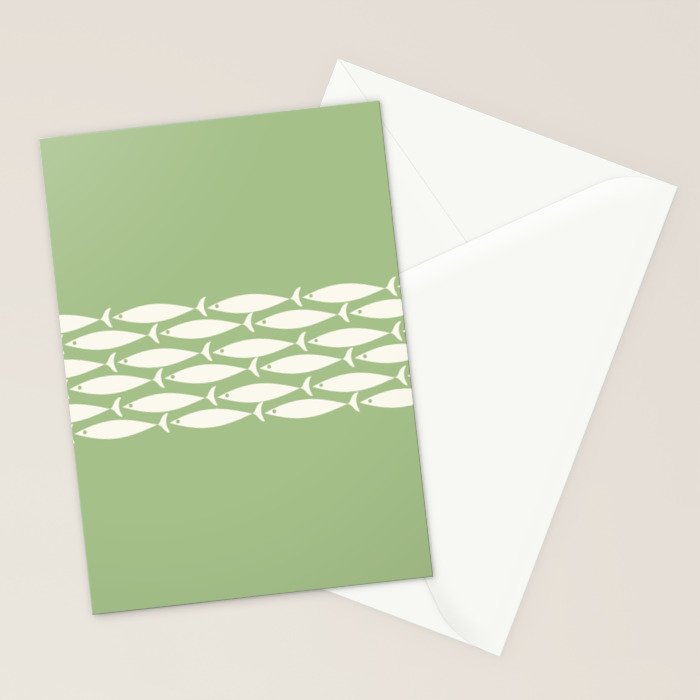 Fish Stripe Minimalist Mid-Century Pattern in Light Sage Green and Cream Stationery Card Gallery Image 2
