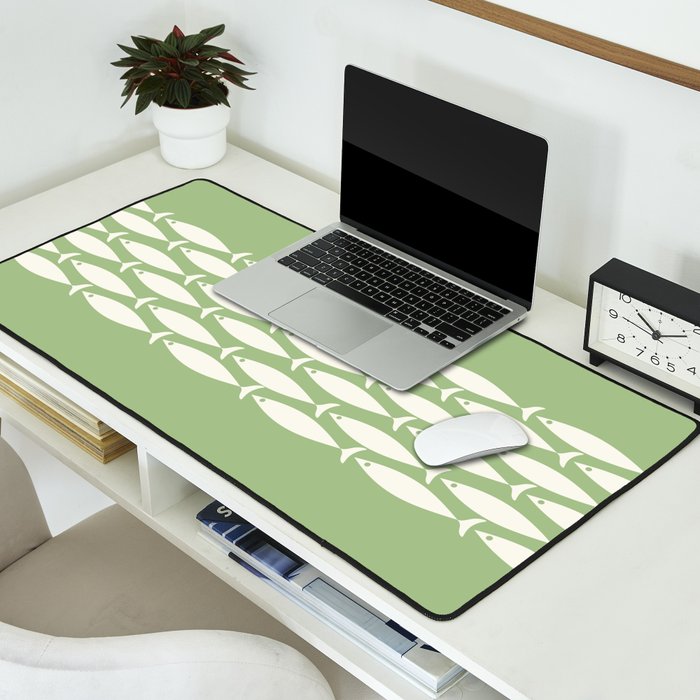 Fish Stripe Minimalist Mid-Century Pattern in Light Sage Green and Cream Desk Mat Gallery Image 2