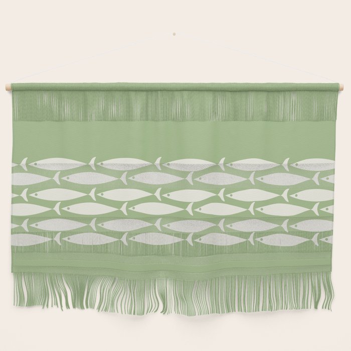 Fish Stripe Minimalist Mid-Century Pattern in Light Sage Green and Cream Wall Hanging Gallery Image 1