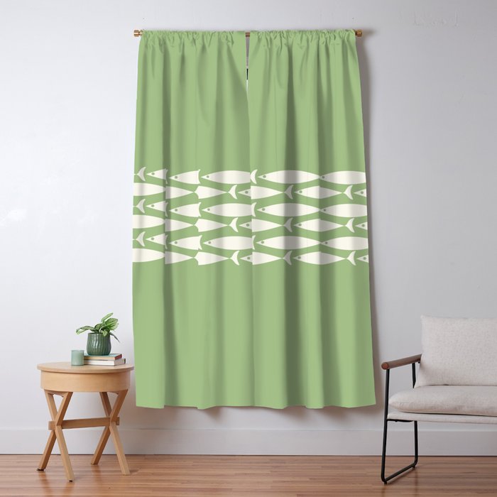 Fish Stripe Minimalist Mid-Century Pattern in Light Sage Green and Cream Window Curtain Gallery Image 5