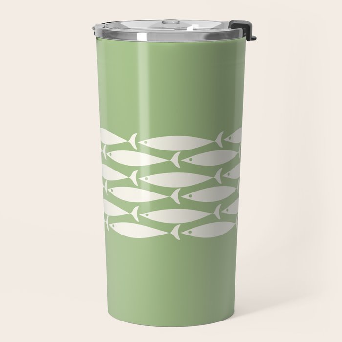 Fish Stripe Minimalist Mid-Century Pattern in Light Sage Green and Cream Travel Mug Gallery Image 2