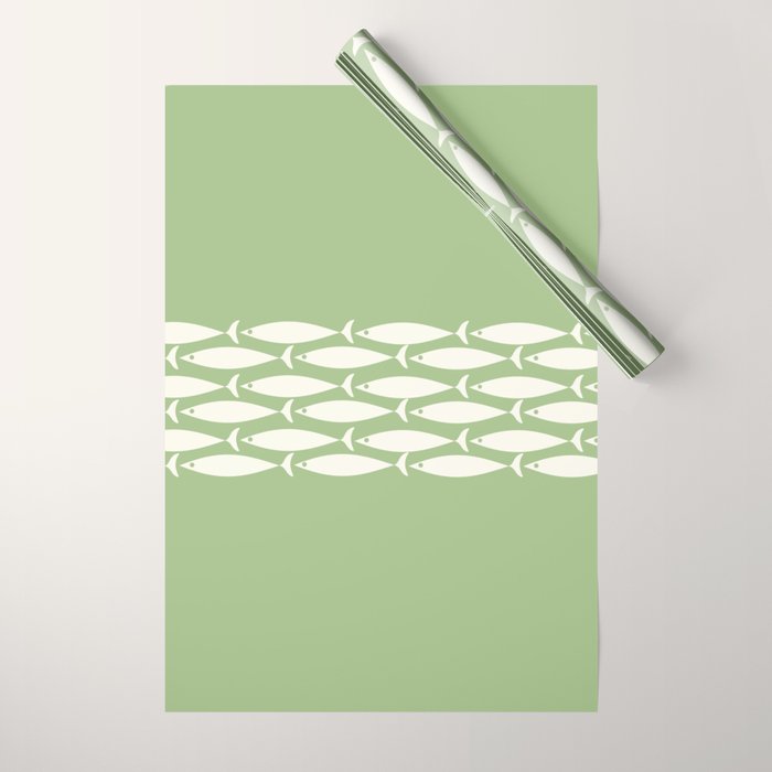 Fish Stripe Minimalist Mid-Century Pattern in Light Sage Green and Cream Wrapping Paper Gallery Image 1
