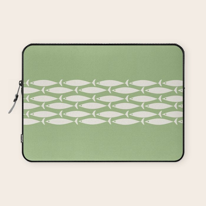 Fish Stripe Minimalist Mid-Century Pattern in Light Sage Green and Cream Laptop Sleeve Gallery Image 1