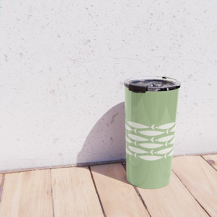 Fish Stripe Minimalist Mid-Century Pattern in Light Sage Green and Cream Travel Mug Gallery Image 4