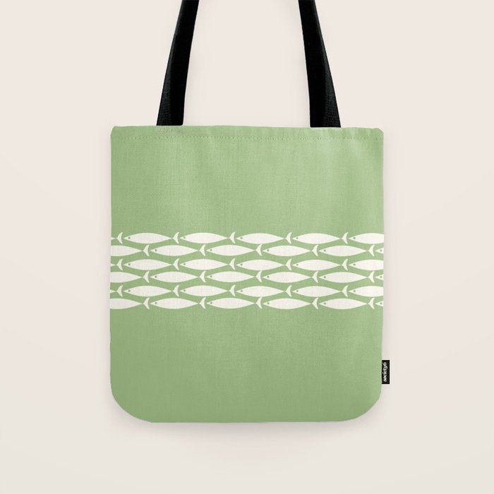 Fish Stripe Minimalist Mid-Century Pattern in Light Sage Green and Cream Tote Bag Gallery Image 1