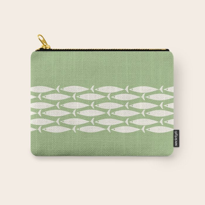 Fish Stripe Minimalist Mid-Century Pattern in Light Sage Green and Cream Carry All Pouch Gallery Image 1