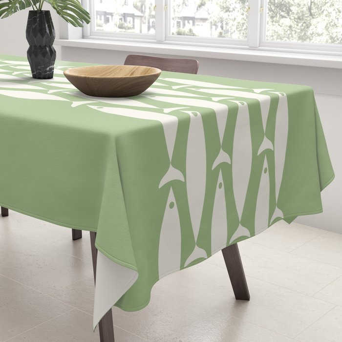 Fish Stripe Minimalist Mid-Century Pattern in Light Sage Green and Cream Tablecloth Gallery Image 3