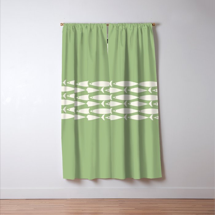 Fish Stripe Minimalist Mid-Century Pattern in Light Sage Green and Cream Window Curtain Gallery Image 3