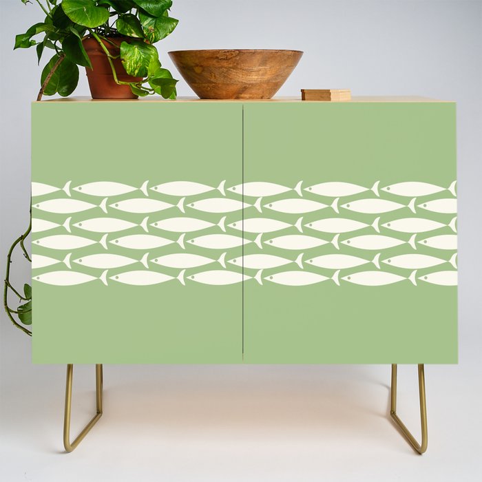 Fish Stripe Minimalist Mid-Century Pattern in Light Sage Green and Cream Credenza Gallery Image 1