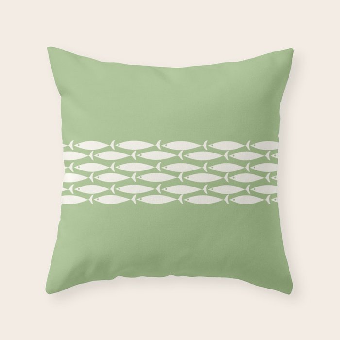 Fish Stripe Minimalist Mid-Century Pattern in Light Sage Green and Cream Throw Pillow Gallery Image 6