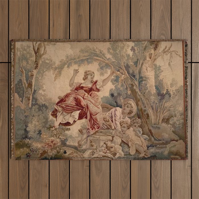 Antique 19th Century French Aubusson Rococo Romantic Lovers Tapestry Outdoor Rug Gallery Image 1