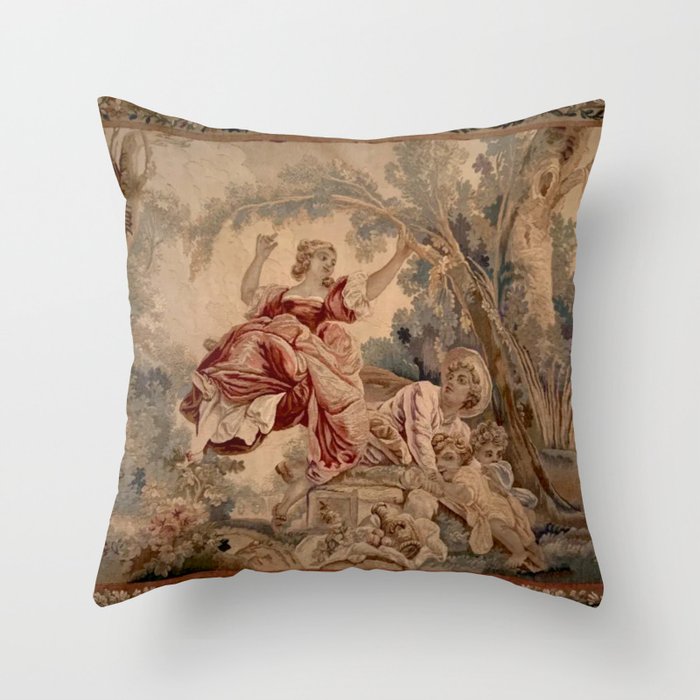 Antique 19th Century French Aubusson Rococo Romantic Lovers Tapestry Throw Pillow Gallery Image 1