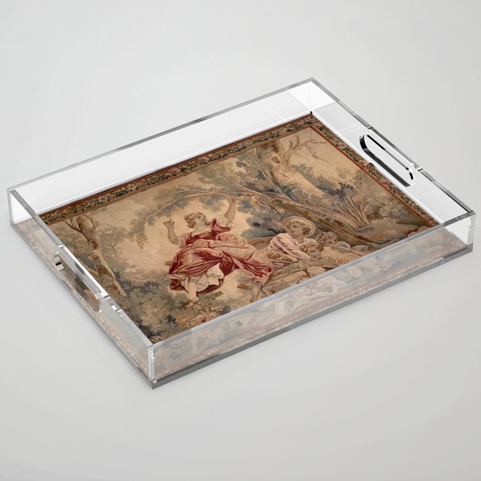 Antique 19th Century French Aubusson Rococo Romantic Lovers Tapestry Acrylic Tray Gallery Image 1