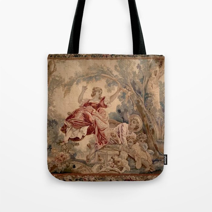 Antique 19th Century French Aubusson Rococo Romantic Lovers Tapestry Tote Bag Gallery Image 1