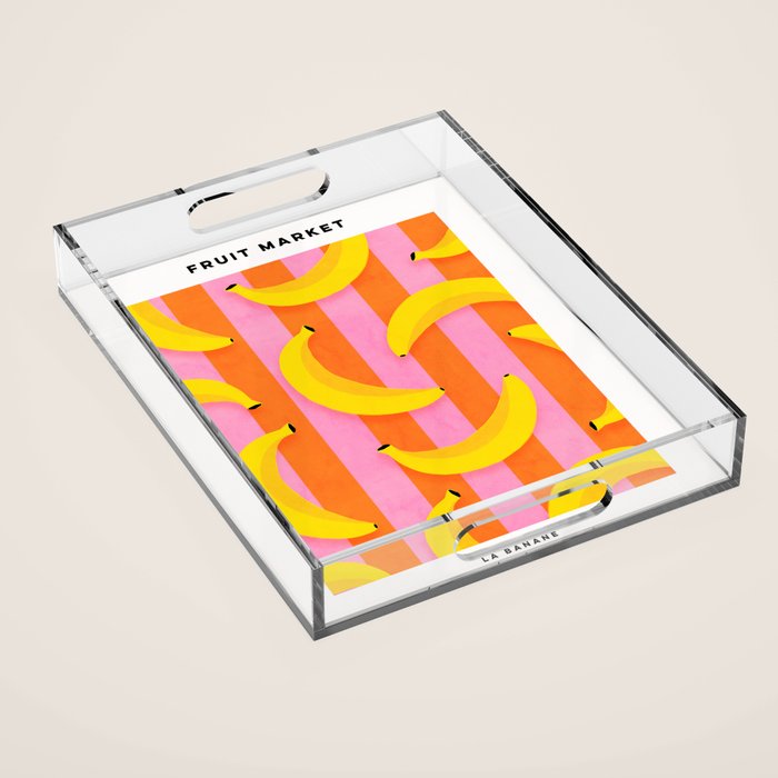 La Banane - Banana fruit market poster on aqua and pink and orange Acrylic Tray Gallery Image 1