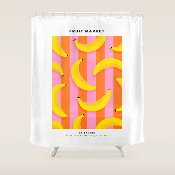 La Banane - Banana fruit market poster on aqua and pink and orange Shower Curtain Gallery Image 1