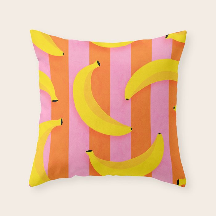 La Banane - Banana fruit market poster on aqua and pink and orange Throw Pillow Gallery Image 1