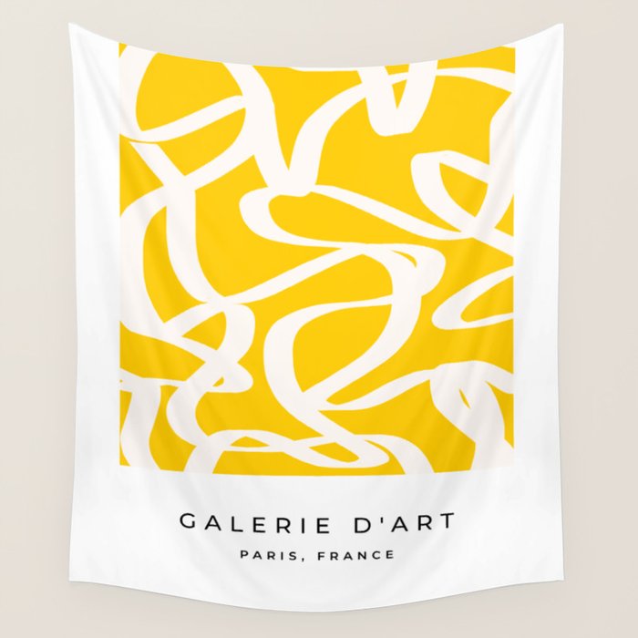Yellow And White Brush Strokes, Abstract Art, Exhibition Poster, Mid Century Modern Wall Tapestry Gallery Image 1