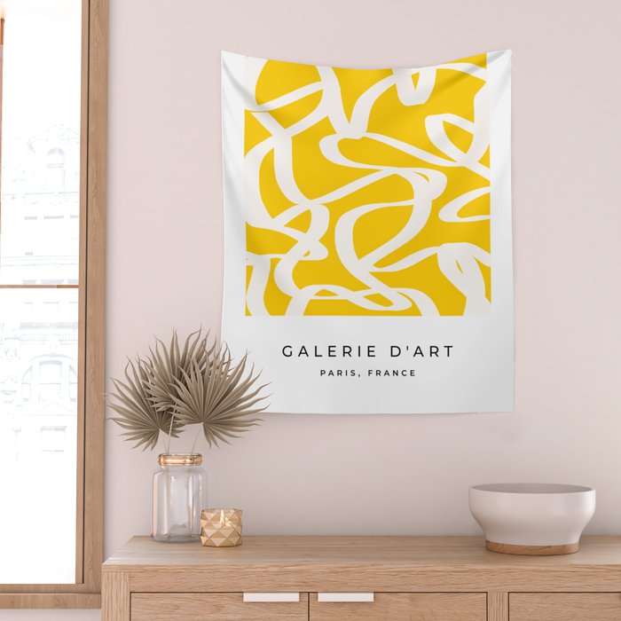 Yellow And White Brush Strokes, Abstract Art, Exhibition Poster, Mid Century Modern Wall Tapestry Gallery Image 2