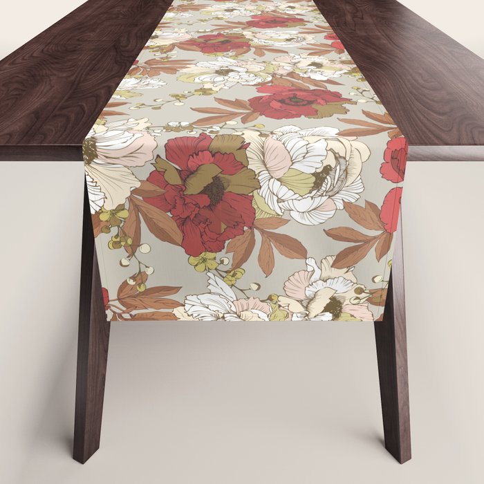 pattern lush red, beige and white peonies Table Runner Gallery Image 1