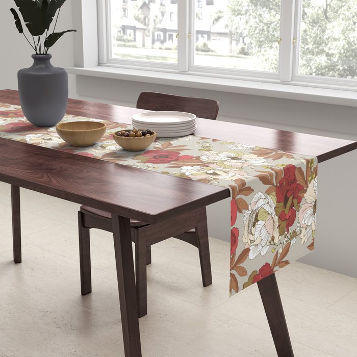 pattern lush red, beige and white peonies Table Runner Gallery Image 2