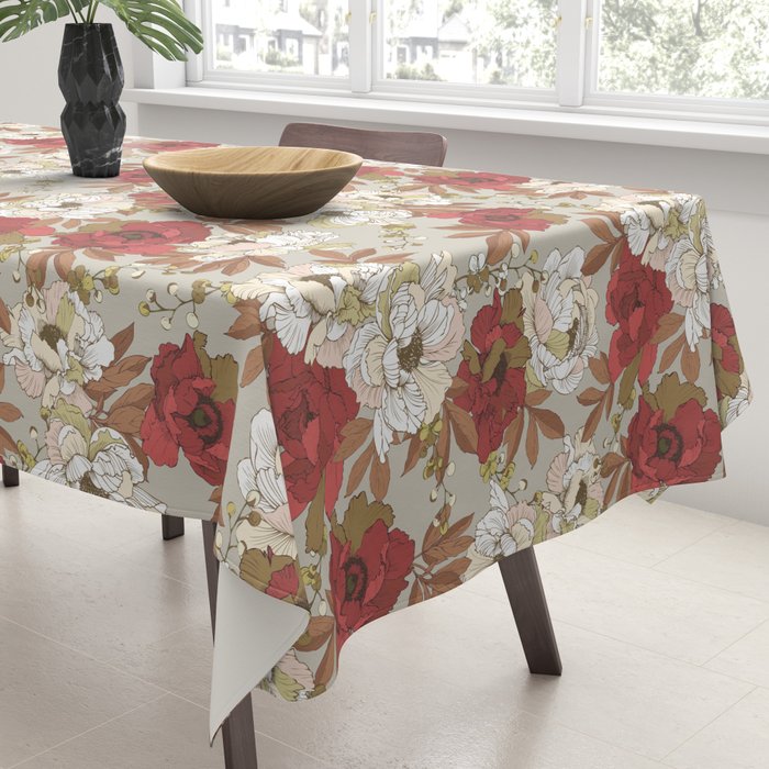 pattern lush red, beige and white peonies Tablecloth Gallery Image 3