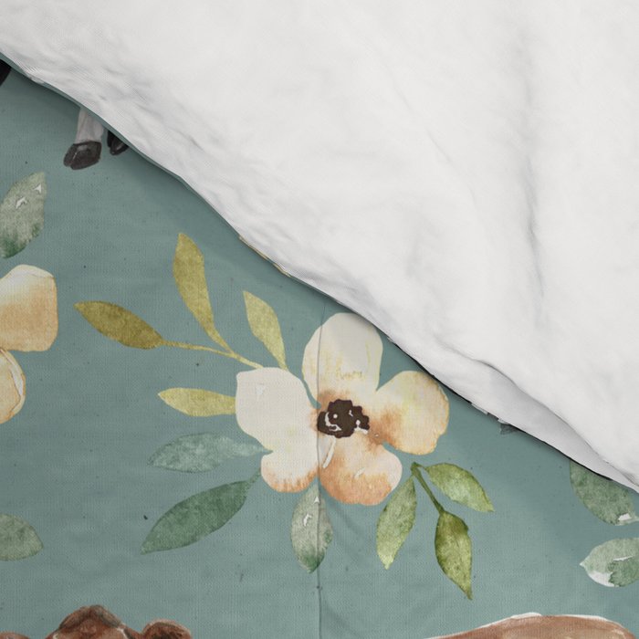 Cows and Flowers on Country Blue, Yellow Flowers, Cow Floral, Pink Flowers Comforter Gallery Image 4