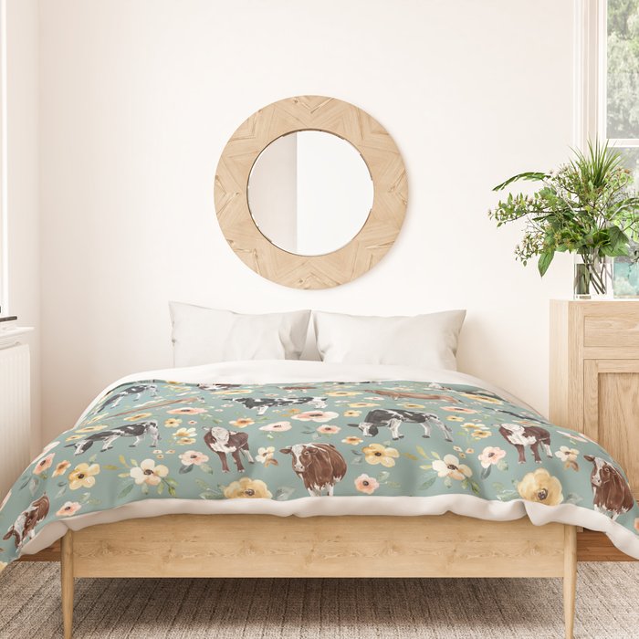 Cows and Flowers on Country Blue, Yellow Flowers, Cow Floral, Pink Flowers Duvet Cover Gallery Image 3