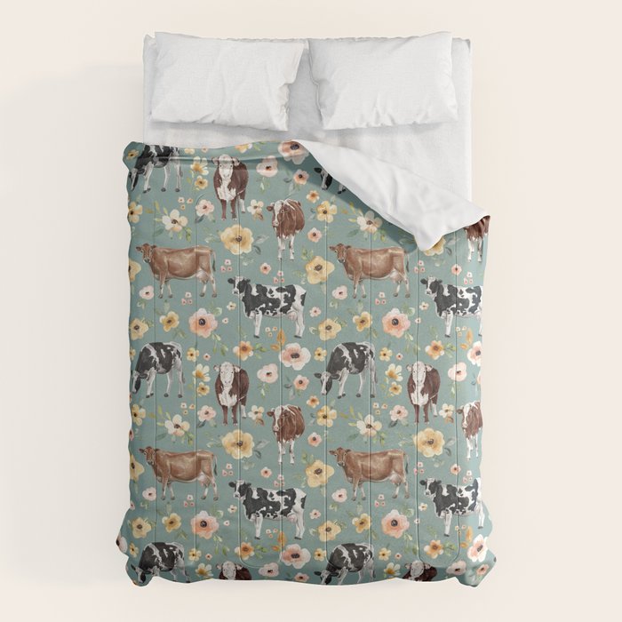 Cows and Flowers on Country Blue, Yellow Flowers, Cow Floral, Pink Flowers Comforter Gallery Image 6
