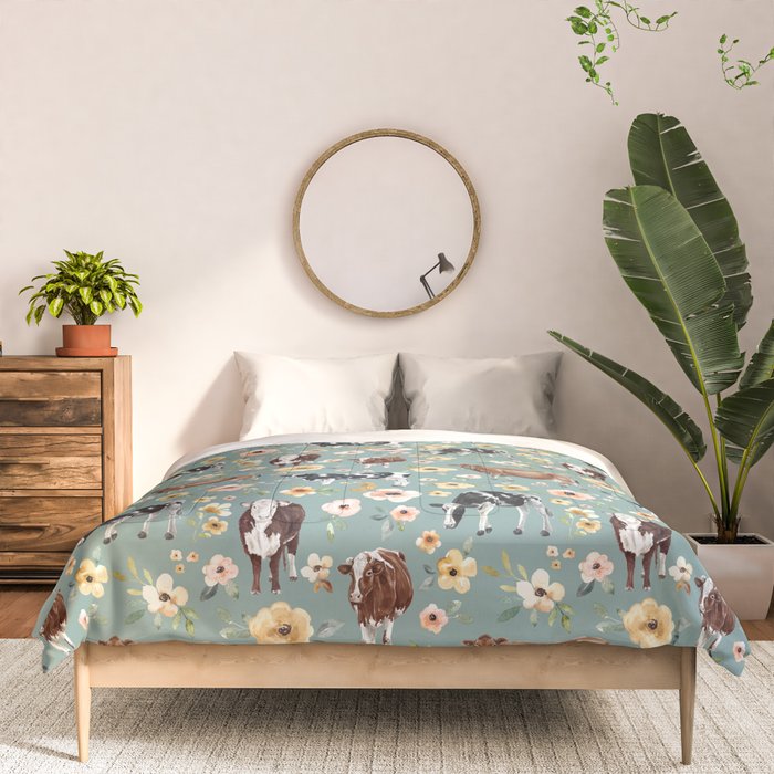 Cows and Flowers on Country Blue, Yellow Flowers, Cow Floral, Pink Flowers Comforter Gallery Image 3